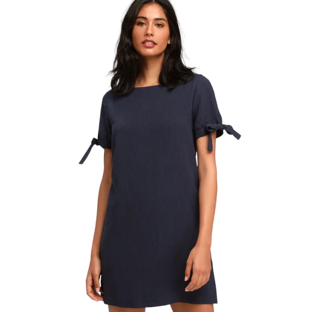 Lulus Maeve Navy Button Back Shift Linen Blend Dress New with Tag W-693 Sz S